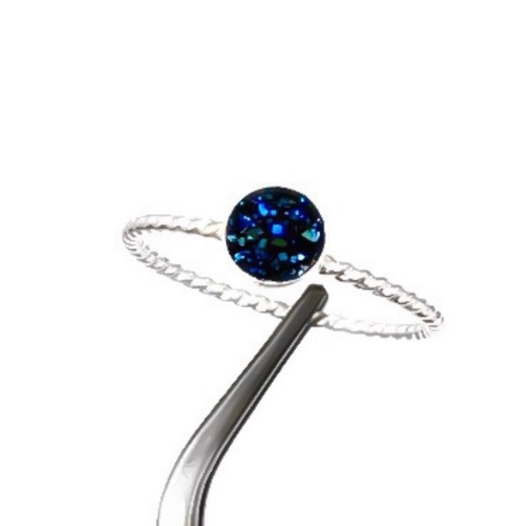 (2-13) 925 Sterling Silver Blue Druzy Titanium Quartz Bezel Set Gemstone Ring - Picture 5 of 13
